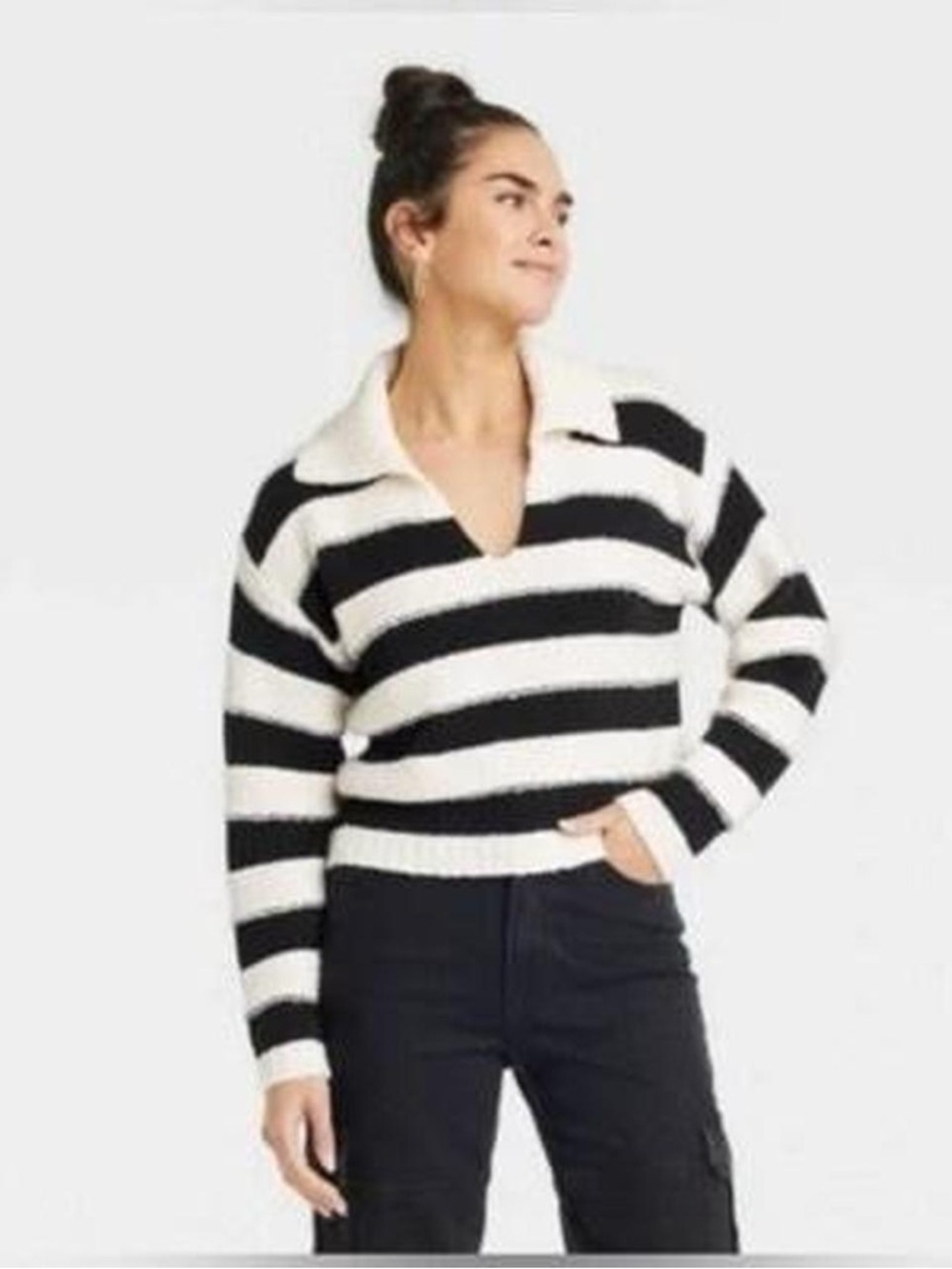 Universal Thread Black & Cream Striped Collared Sweater Cropped Cozy